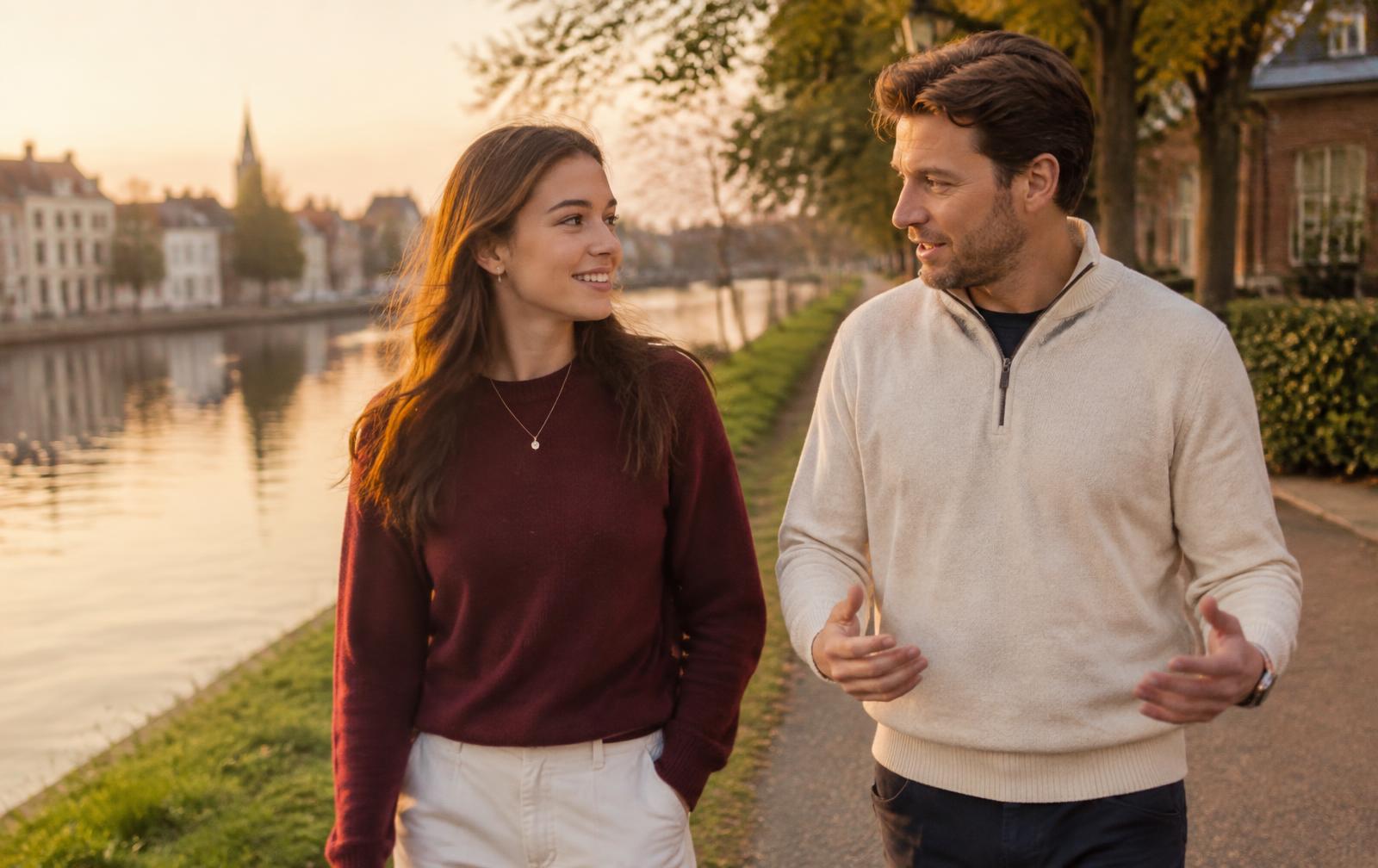 Een coach en een jongvolwassene in gesprek tijdens een wandeling